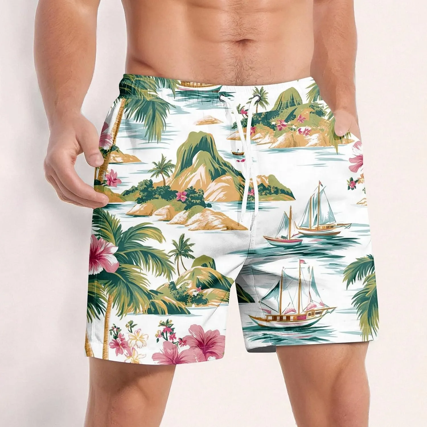 KUIOLYPOER Men's Shorts 2025 Casual Hawaiian Beach Elastic Waist Drawstring Lightweight Summer Board Shorts with Pockets
