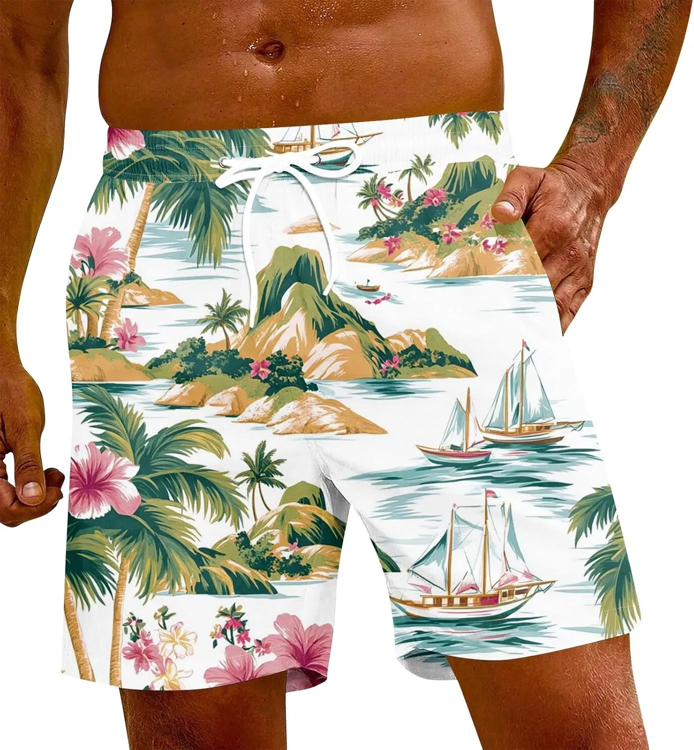 KUIOLYPOER Men's Shorts 2025 Casual Hawaiian Beach Elastic Waist Drawstring Lightweight Summer Board Shorts with Pockets