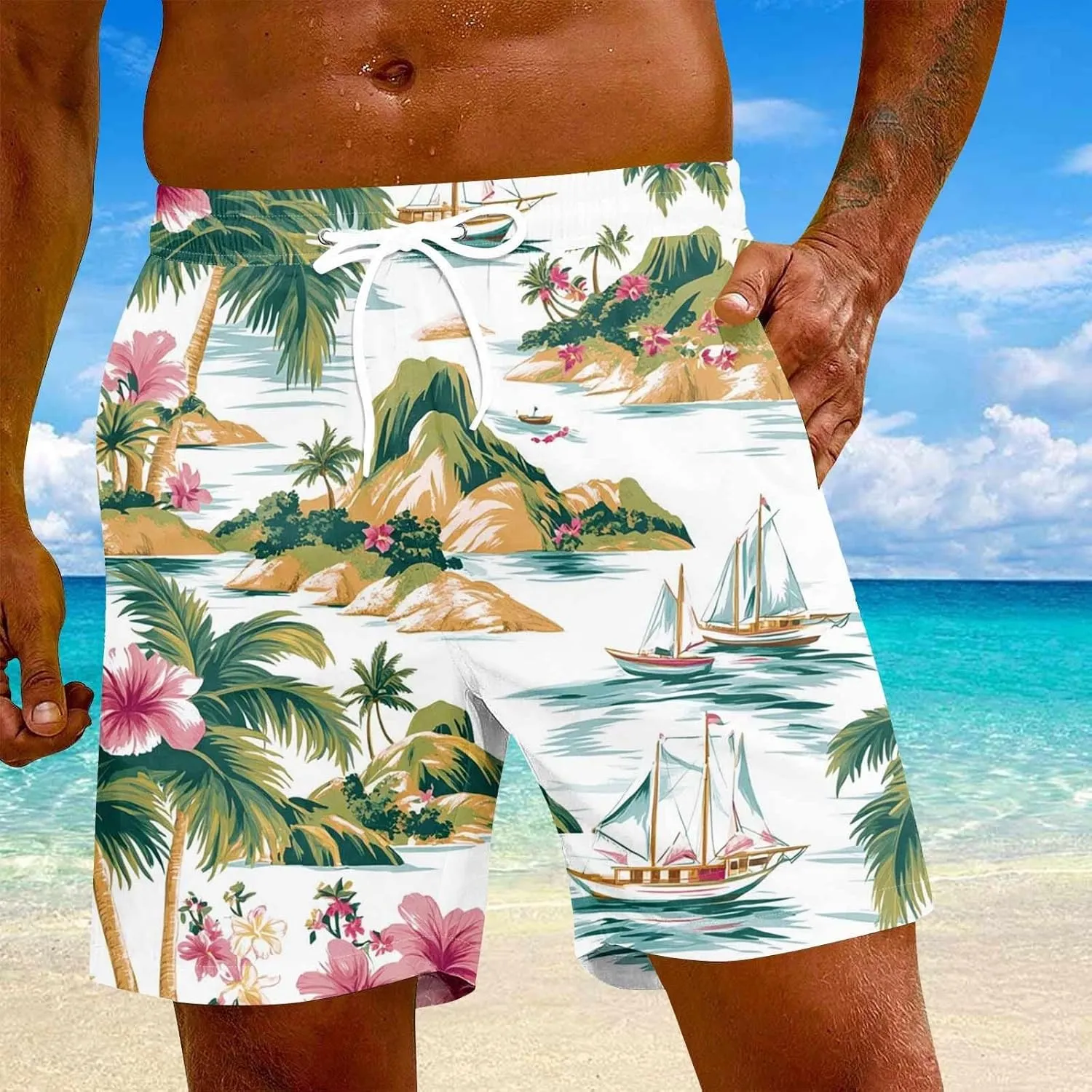 KUIOLYPOER Men's Shorts 2025 Casual Hawaiian Beach Elastic Waist Drawstring Lightweight Summer Board Shorts with Pockets