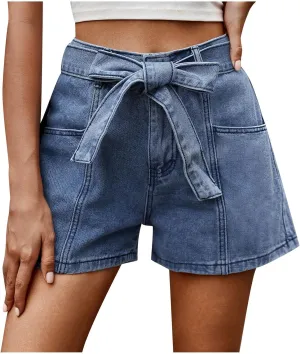 LEMONONSTORE Fashion 2025 Paper Bag Denim Shorts for Women Loose Summer Folded Hem Jean Shorts Bow-Tie Waisted Shorts Pant