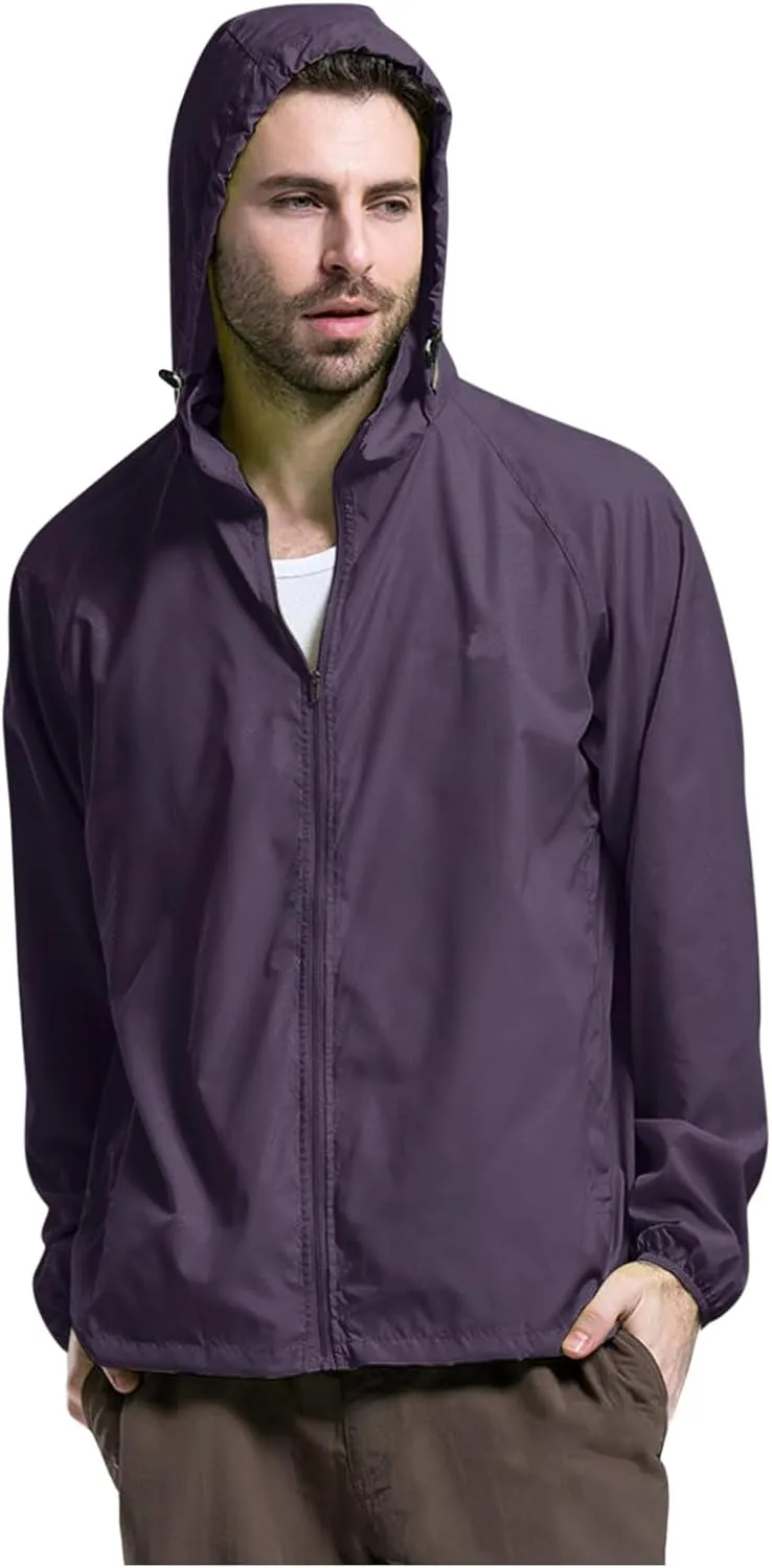 Lightweight Zip Up Raincoats for Men Waterproof Outdoor Thin Hooded Jackets Long Sleeve Solid Quick Drying Active Hoodies Hooded Coat,Purple,XL