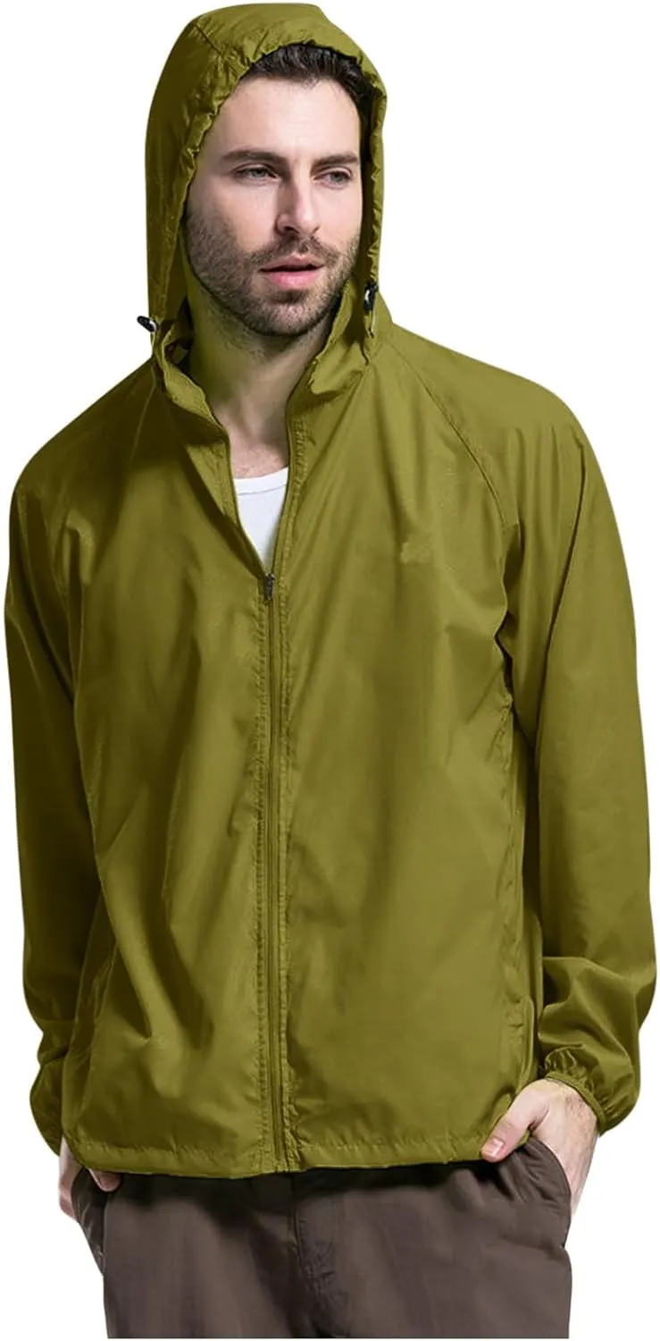 Lightweight Zip Up Raincoats for Men Waterproof Outdoor Thin Hooded Jackets Long Sleeve Solid Quick Drying Active Hoodies Mens Rain Coat,Green,M