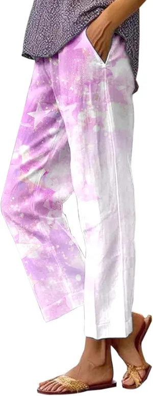 Linen Capri Pants for Women Floral Embroidered Straight Leg Cropped Pants Elastic Waist Loose Casual Comfort Clothing
