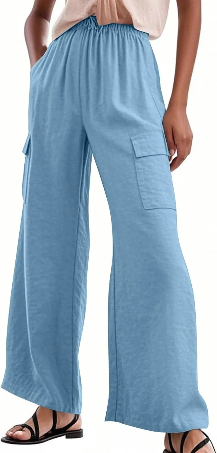 Linen Cargo Pants Women Baggy High Waisted Wide Leg Beach Pants Flowy Summer Vacation Travel Pants with Pockets