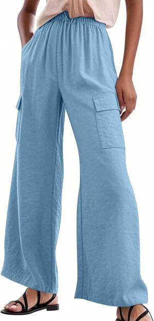 Linen Cargo Pants Women Baggy High Waisted Wide Leg Beach Pants Flowy Summer Vacation Travel Pants with Pockets