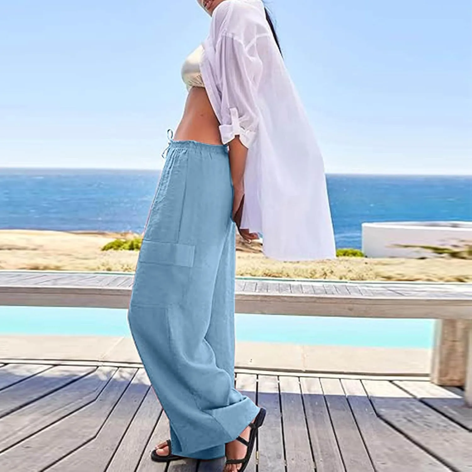 Linen Cargo Pants Women Baggy High Waisted Wide Leg Beach Pants Flowy Summer Vacation Travel Pants with Pockets