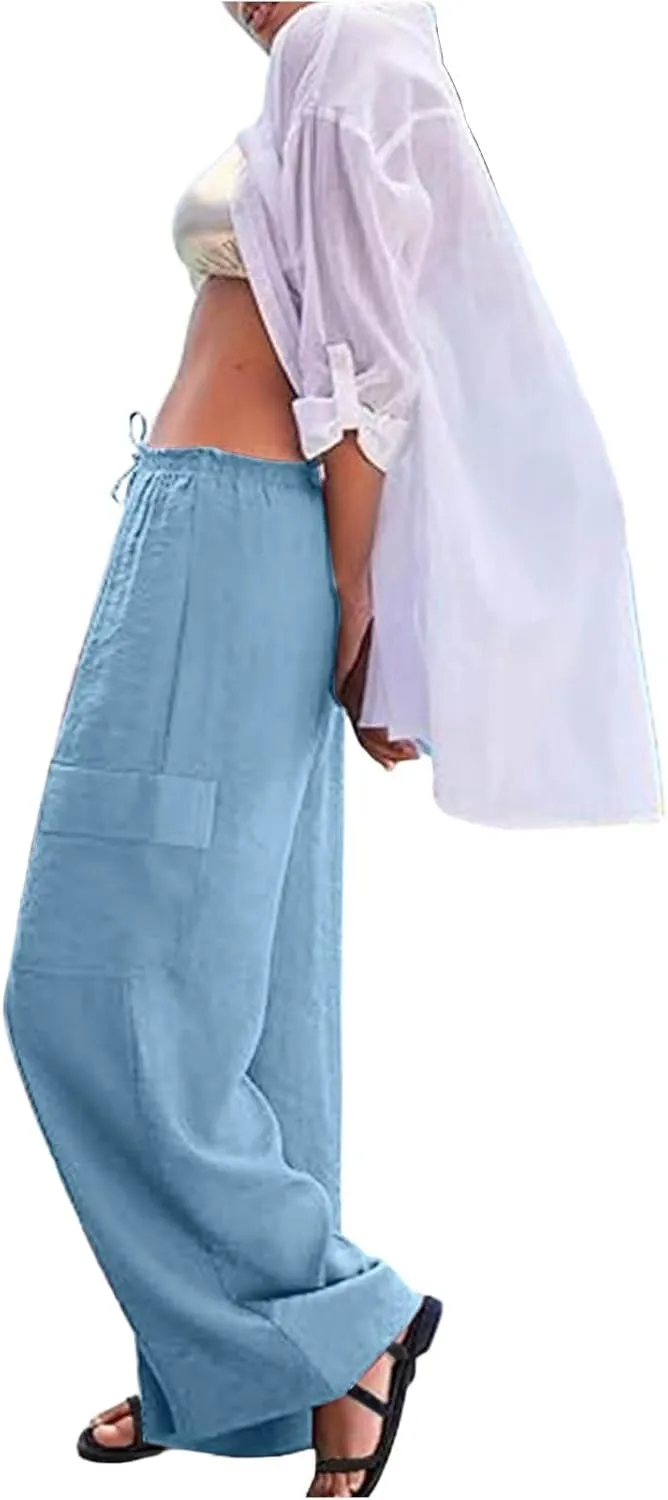 Linen Cargo Pants Women Baggy High Waisted Wide Leg Beach Pants Flowy Summer Vacation Travel Pants with Pockets