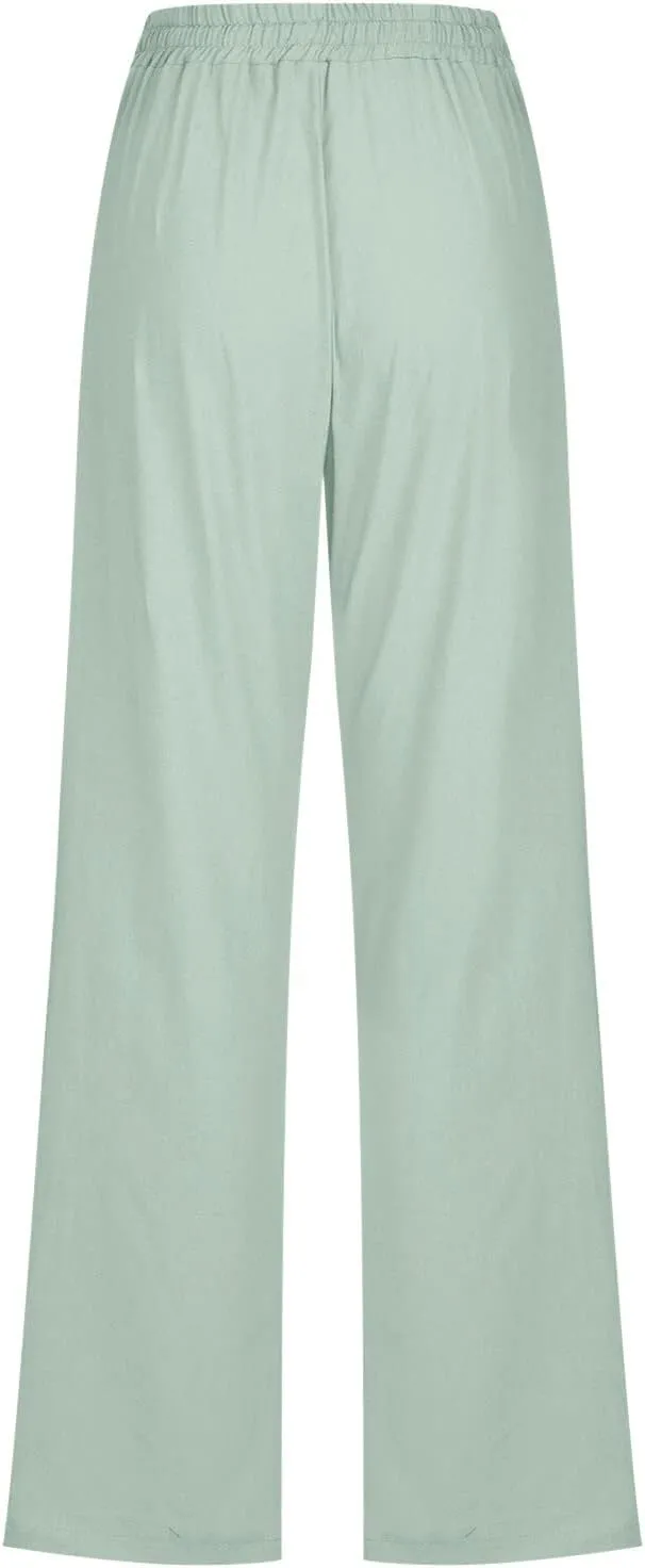 Linen Pants for Women Straight Leg Drawstring Waist Casual Pants Long Solid Summer Baggy Comfy Trousers with Pockets