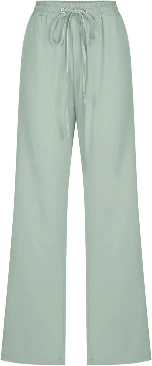 Linen Pants for Women Straight Leg Drawstring Waist Casual Pants Long Solid Summer Baggy Comfy Trousers with Pockets