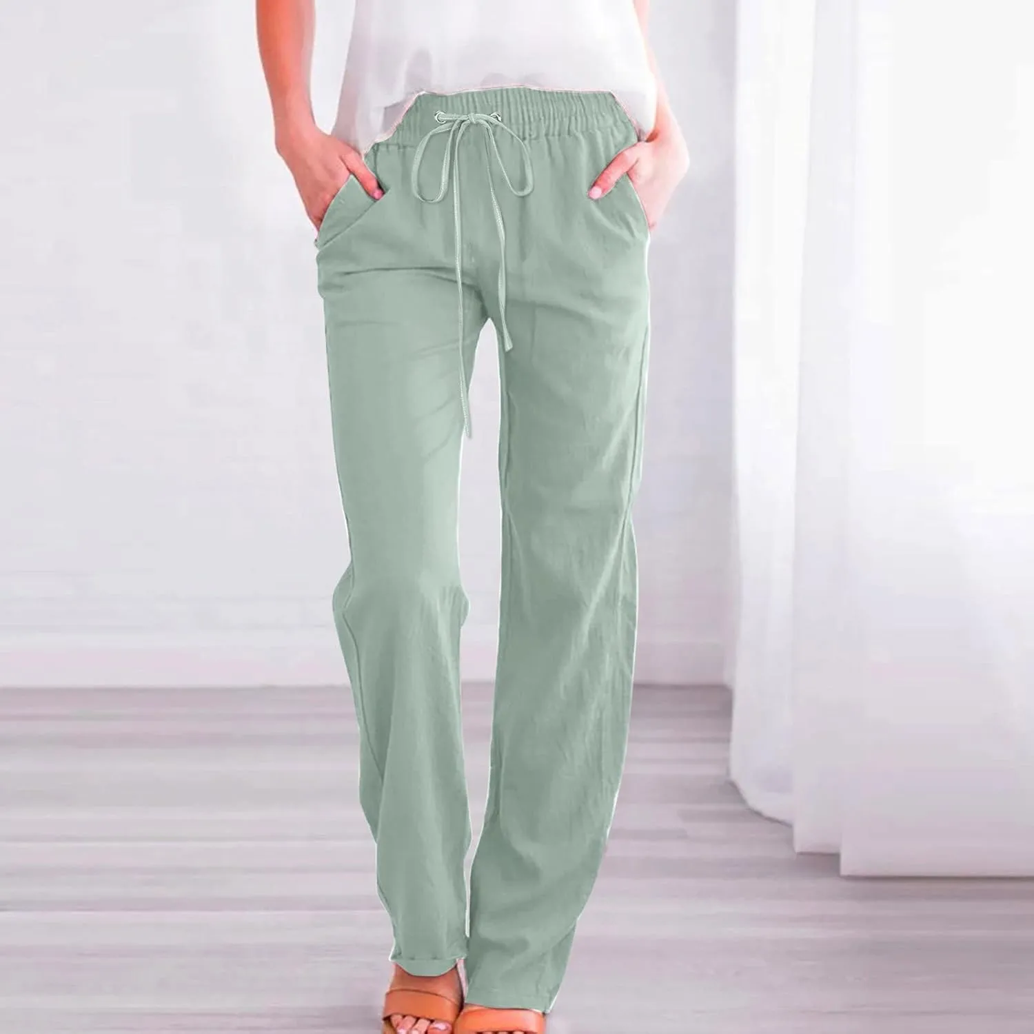 Linen Pants for Women Straight Leg Drawstring Waist Casual Pants Long Solid Summer Baggy Comfy Trousers with Pockets