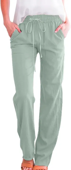 Linen Pants for Women Straight Leg Drawstring Waist Casual Pants Long Solid Summer Baggy Comfy Trousers with Pockets