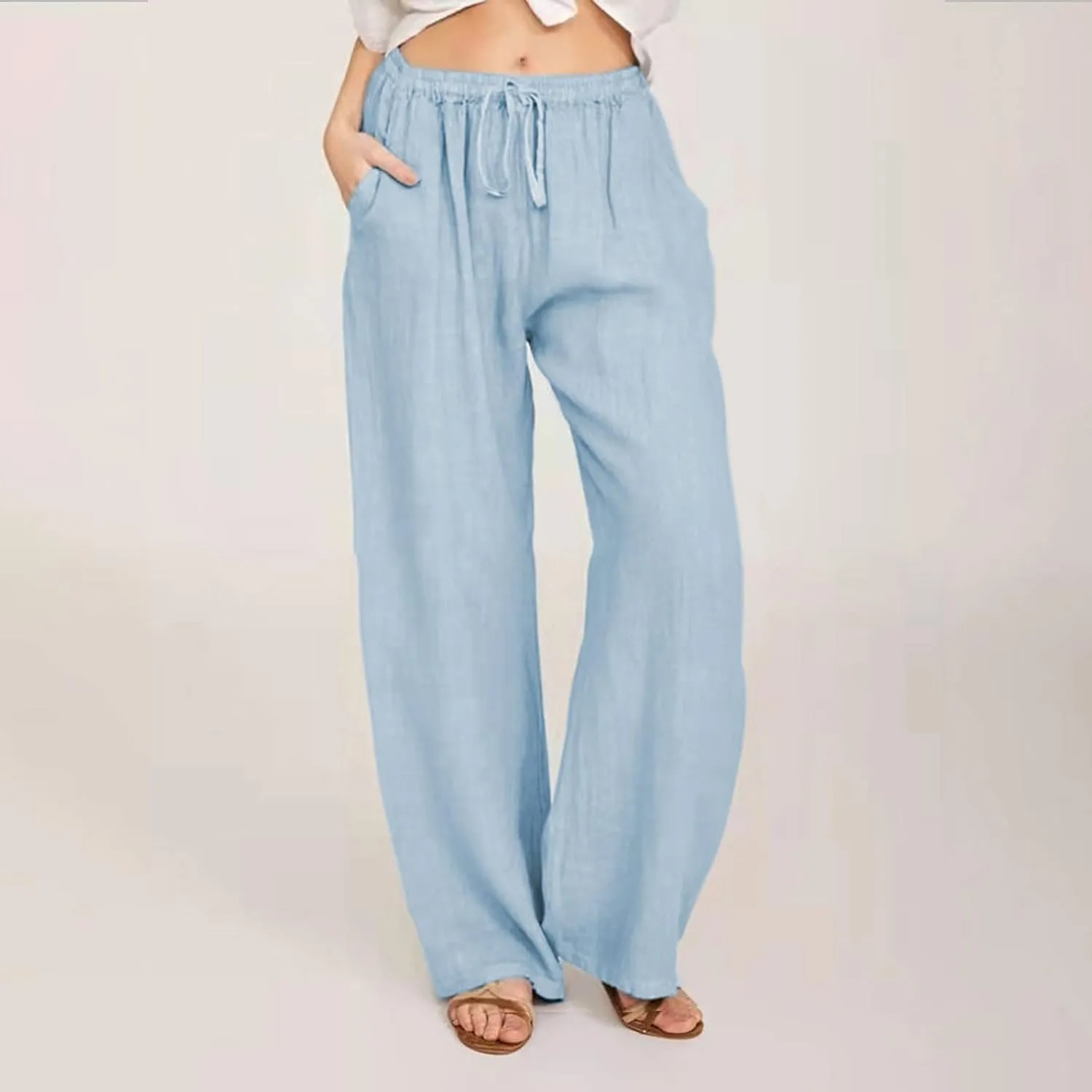 Linen Pants for women Summer Casual High Waisted Cotton Linen Palazzo Pants Wide Leg Long Lounge Pant Trousers