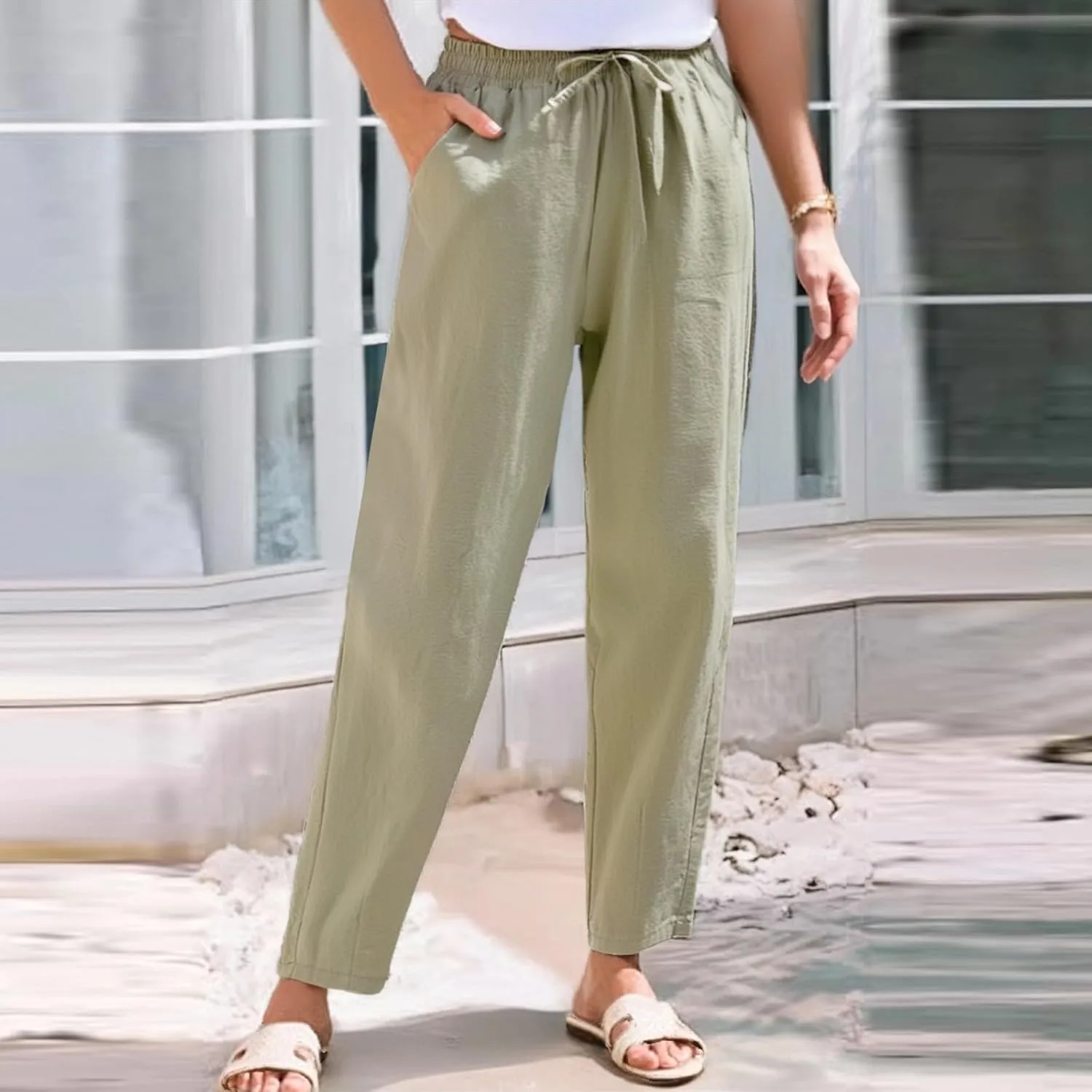 Linen Pants Women Casual Wide Leg Elastic Drawstring Pants Women Comfy Lounge Summer Beach Trousers with Pockets