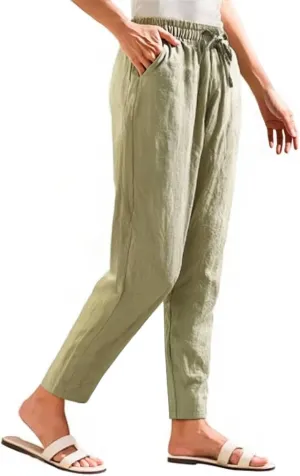 Linen Pants Women Casual Wide Leg Elastic Drawstring Pants Women Comfy Lounge Summer Beach Trousers with Pockets
