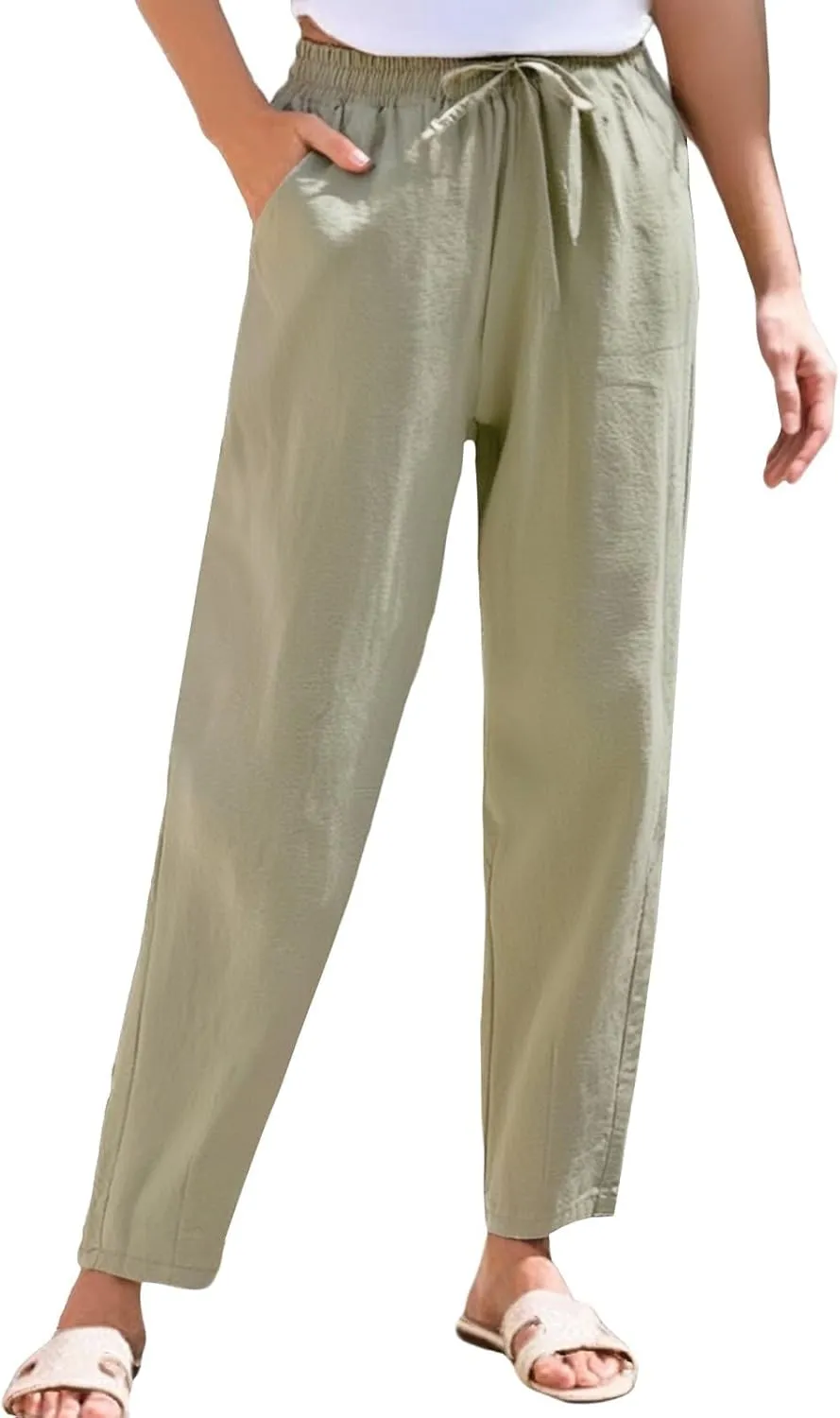 Linen Pants Women Casual Wide Leg Elastic Drawstring Pants Women Comfy Lounge Summer Beach Trousers with Pockets