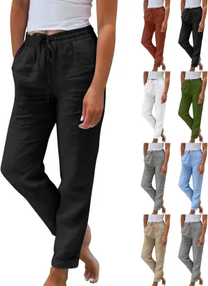 Linen Pants Women Comfy Elastic Waist Drawstring Cotton Pants Lightweight Tapered Lounge Vacation Beach Pants