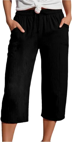 Linen Pants Women Summer Casual High Waist Straight Wide Leg Pants Comfortable Fit Trousers with Pockets