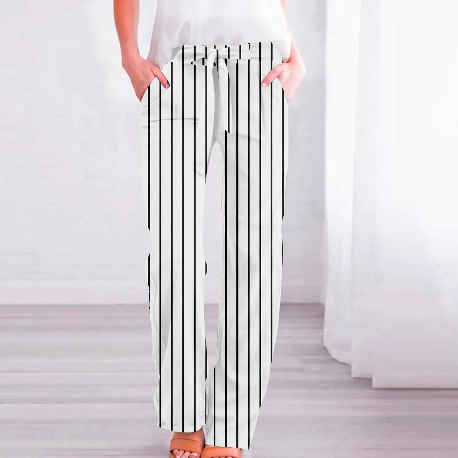 Linen Pants Women Tie Front Plus Size High Waisted Dress Pants Business Casual Straight Leg Work Pants with Pockets