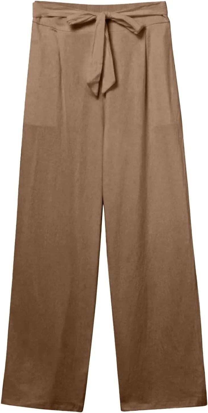 Linen Pants Women Tie Front Plus Size High Waisted Dress Pants Business Casual Straight Leg Work Pants with Pockets