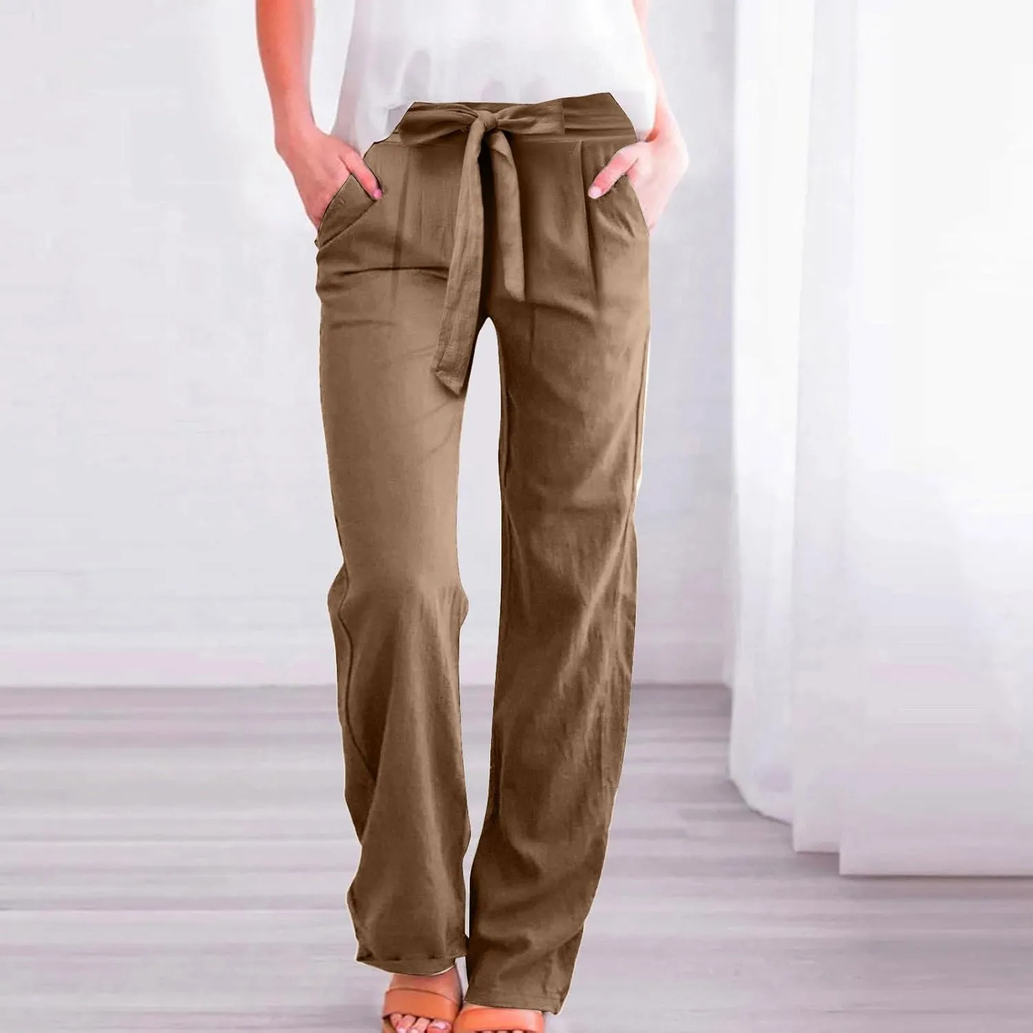 Linen Pants Women Tie Front Plus Size High Waisted Dress Pants Business Casual Straight Leg Work Pants with Pockets