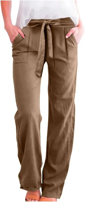 Linen Pants Women Tie Front Plus Size High Waisted Dress Pants Business Casual Straight Leg Work Pants with Pockets