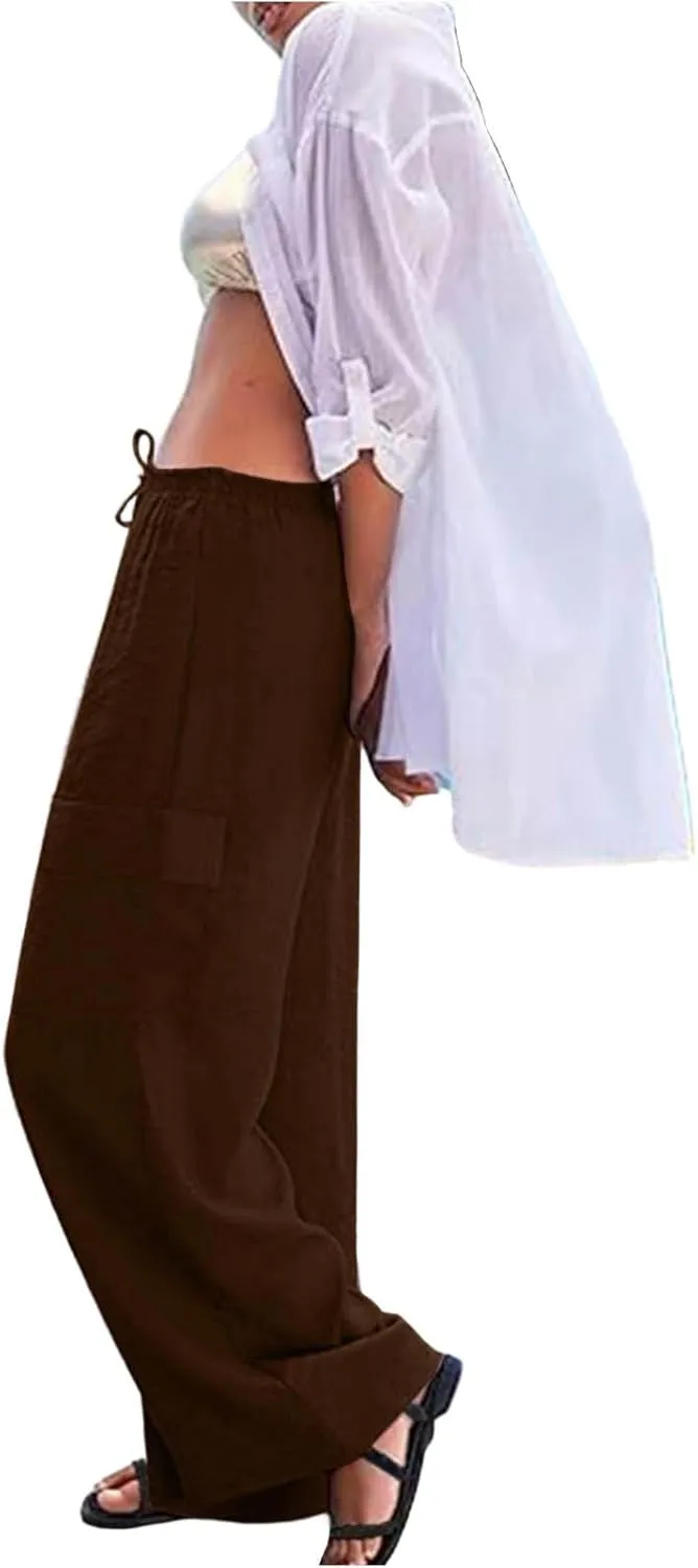 Linen Wide Leg Pants for Women Baggy Elastic High Waisted Cargo Pants Gauze Cover Up Palazzo Pants with Pockets