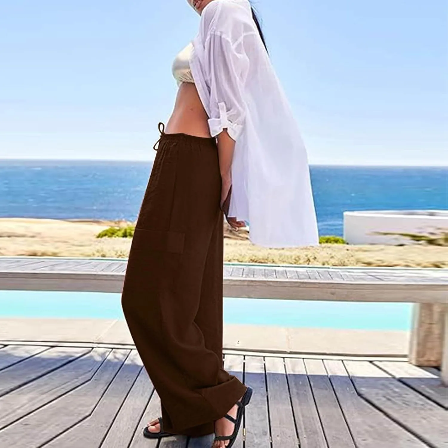Linen Wide Leg Pants for Women Baggy Elastic High Waisted Cargo Pants Gauze Cover Up Palazzo Pants with Pockets