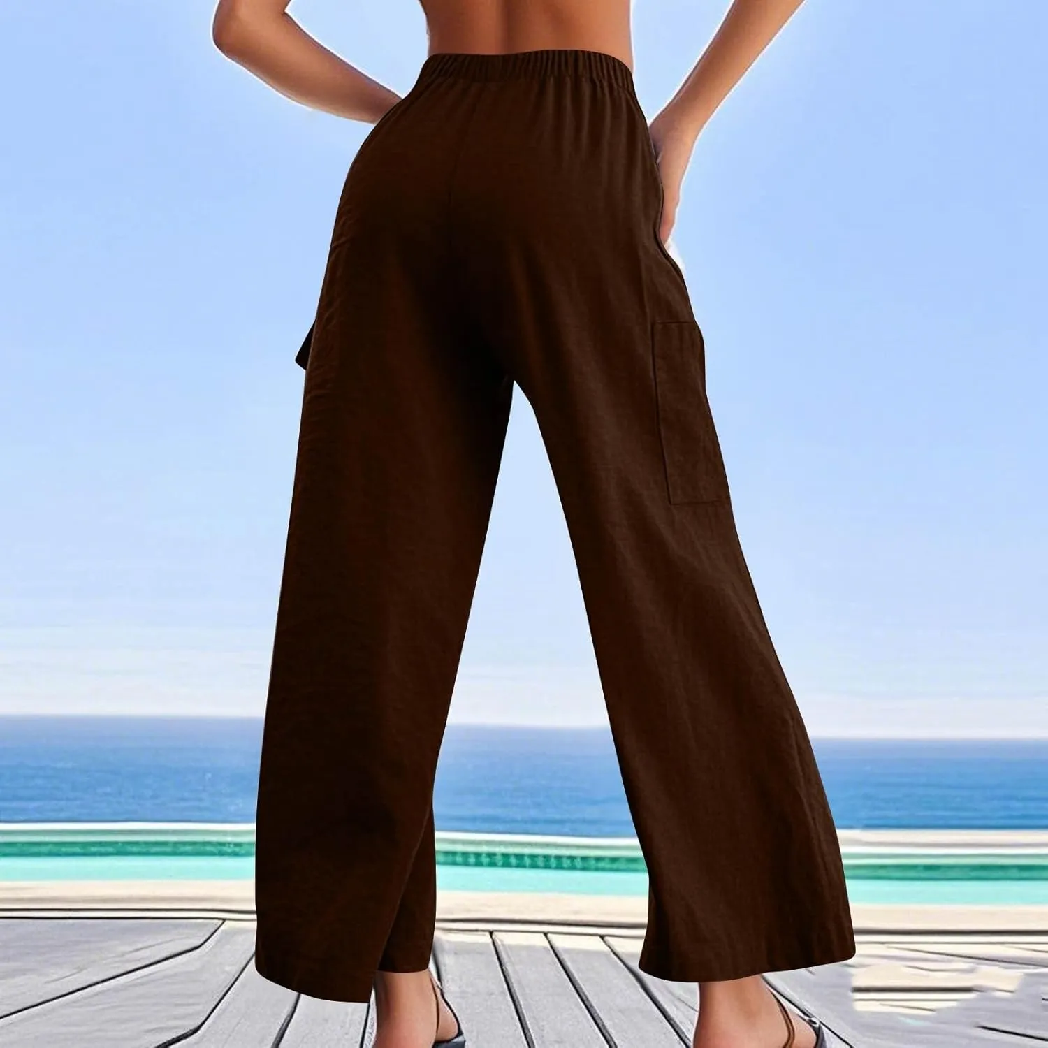 Linen Wide Leg Pants for Women Baggy Elastic High Waisted Cargo Pants Gauze Cover Up Palazzo Pants with Pockets