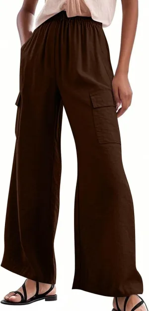 Linen Wide Leg Pants for Women Baggy Elastic High Waisted Cargo Pants Gauze Cover Up Palazzo Pants with Pockets