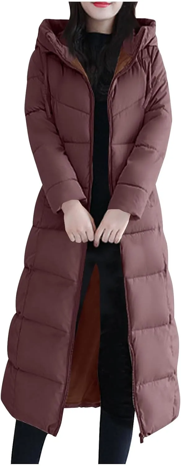 Lmdudan Plus Size Long Quilted Coat for Women Puffer Jackets Hooded Zip Up Casual Thickened Down Jacket Warm Comfy Outerwear