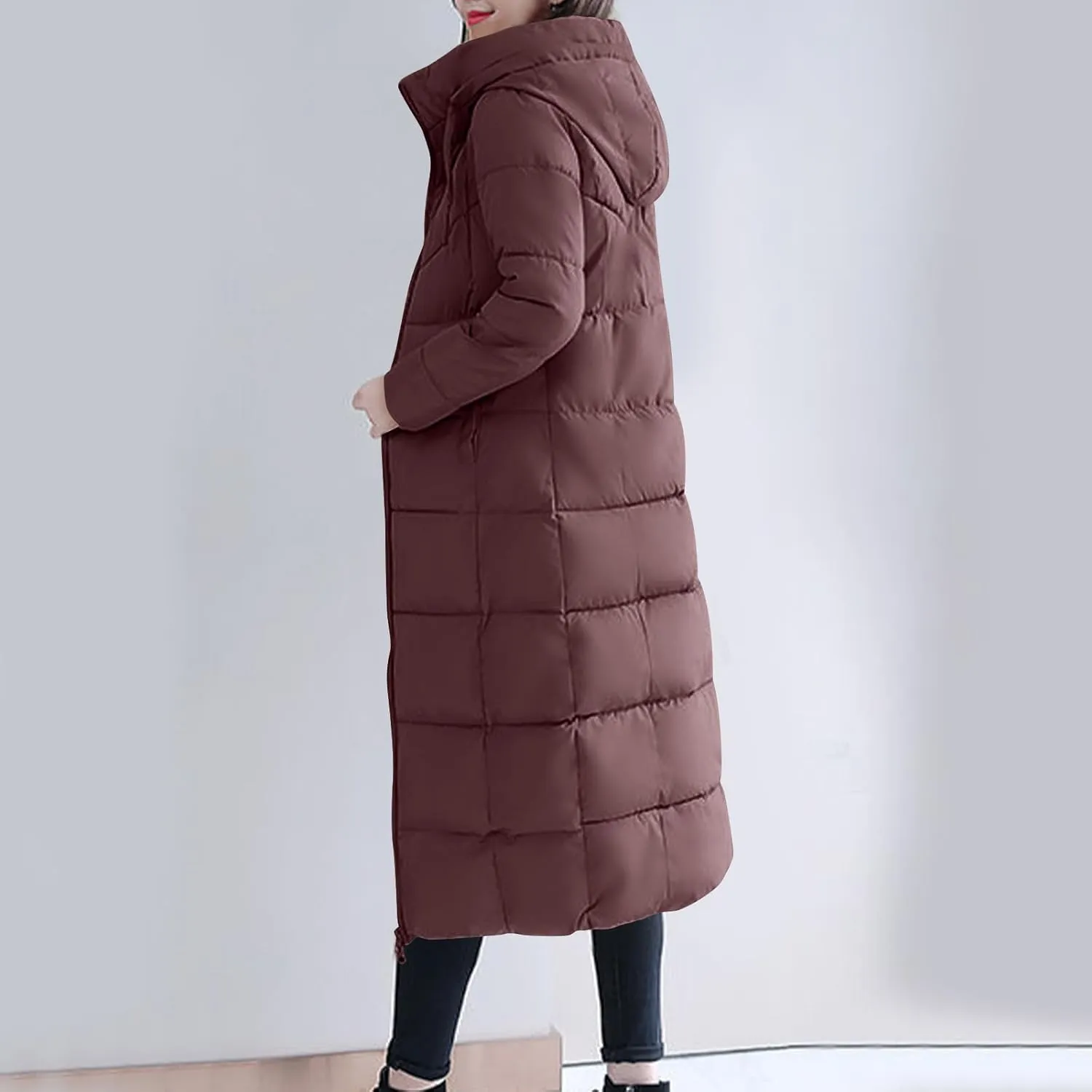 Lmdudan Plus Size Long Quilted Coat for Women Puffer Jackets Hooded Zip Up Casual Thickened Down Jacket Warm Comfy Outerwear