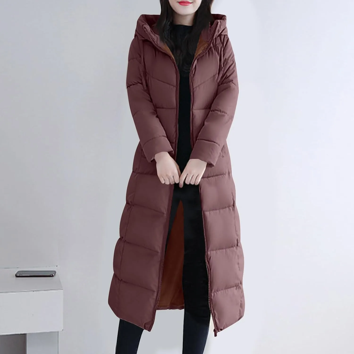Lmdudan Plus Size Long Quilted Coat for Women Puffer Jackets Hooded Zip Up Casual Thickened Down Jacket Warm Comfy Outerwear