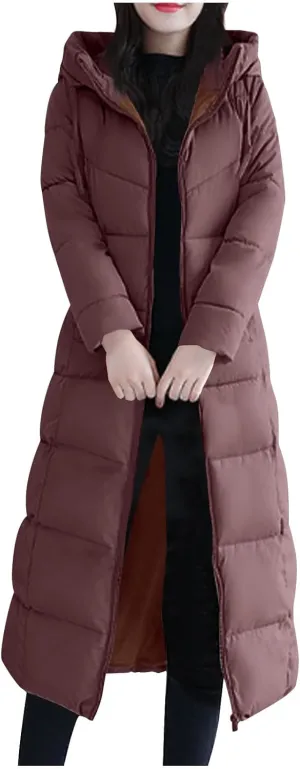 Lmdudan Plus Size Long Quilted Coat for Women Puffer Jackets Hooded Zip Up Casual Thickened Down Jacket Warm Comfy Outerwear