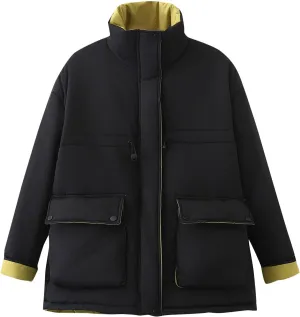 Lmdudan Puffer Jacket for Women Plus Size Stand Up Collar Down Coats with Pockets Windbreaker Warm Jackets Winter Outwear