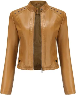 Lmdudan Women Faux Leather Short Jacket Studded Rivet Moto Biker PU Coat 2023 Fashion Zipper Motorcycle Outwear Streetwear