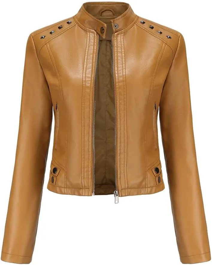 Lmdudan Women Faux Leather Short Jacket Studded Rivet Moto Biker PU Coat 2023 Fashion Zipper Motorcycle Outwear Streetwear