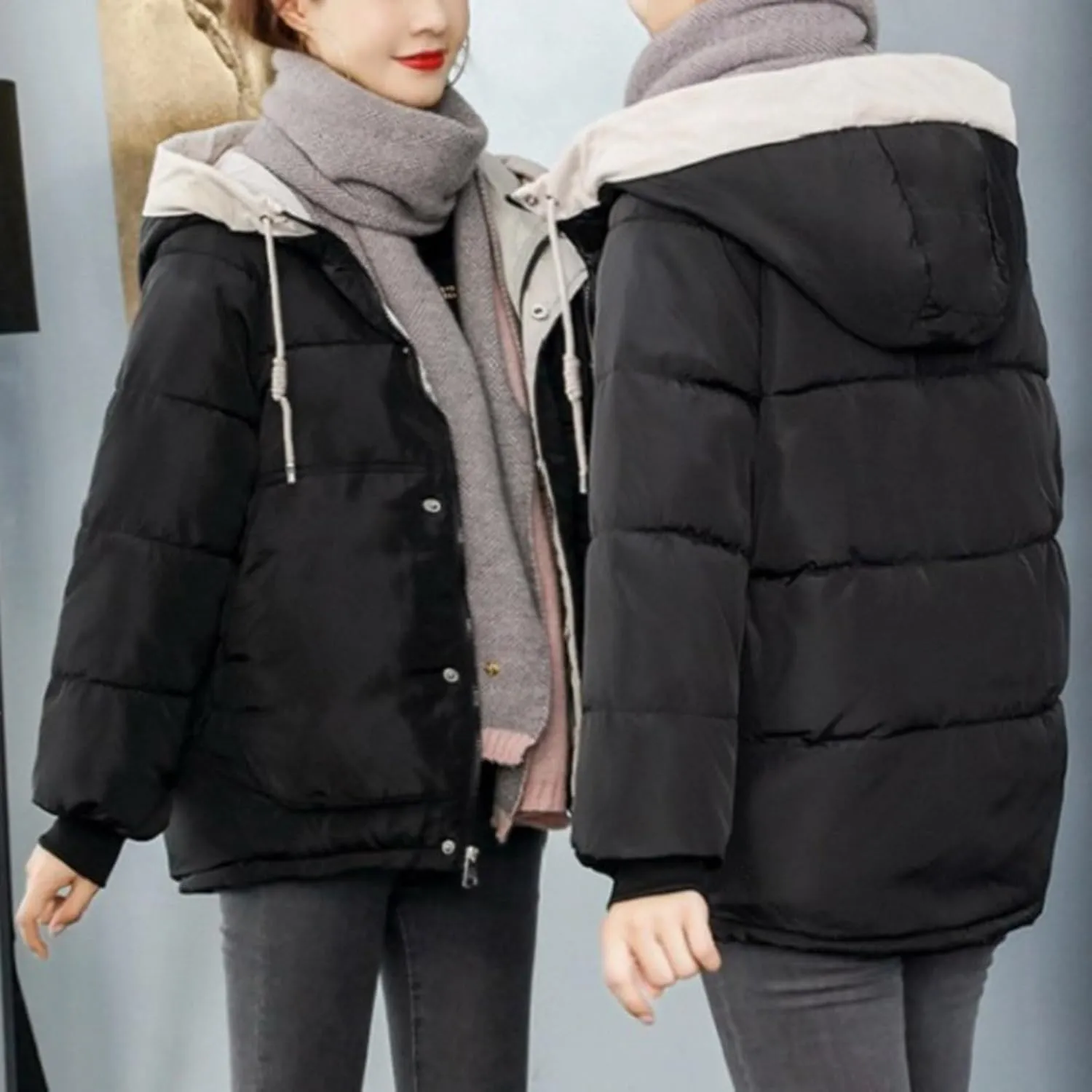 Lmdudan Women's Cropped Puffer Jacket 2024 Winter Down Coat Hooded Outerwear Warm Quilted Puffer Jackets with Pockets