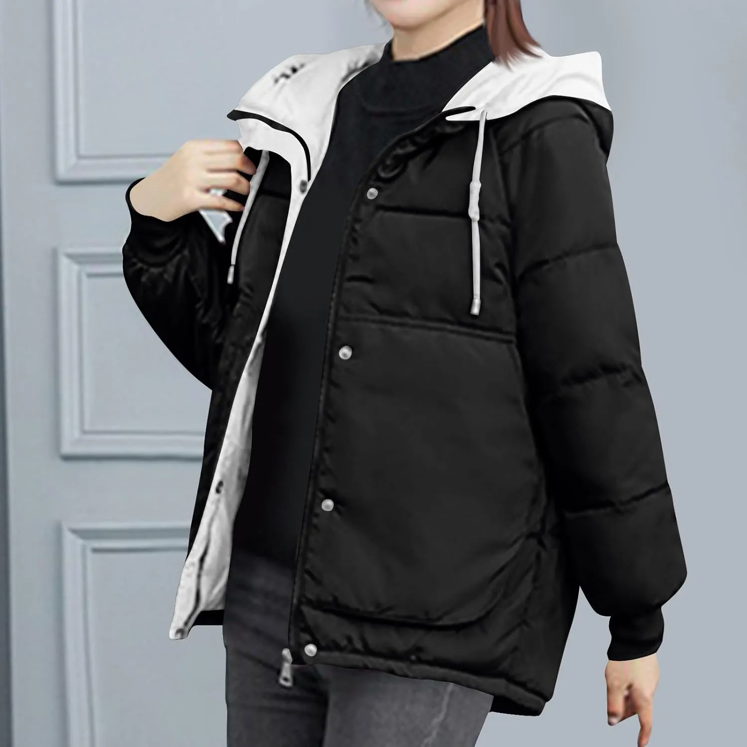 Lmdudan Women's Cropped Puffer Jacket 2024 Winter Down Coat Hooded Outerwear Warm Quilted Puffer Jackets with Pockets