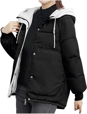 Lmdudan Women's Cropped Puffer Jacket 2024 Winter Down Coat Hooded Outerwear Warm Quilted Puffer Jackets with Pockets