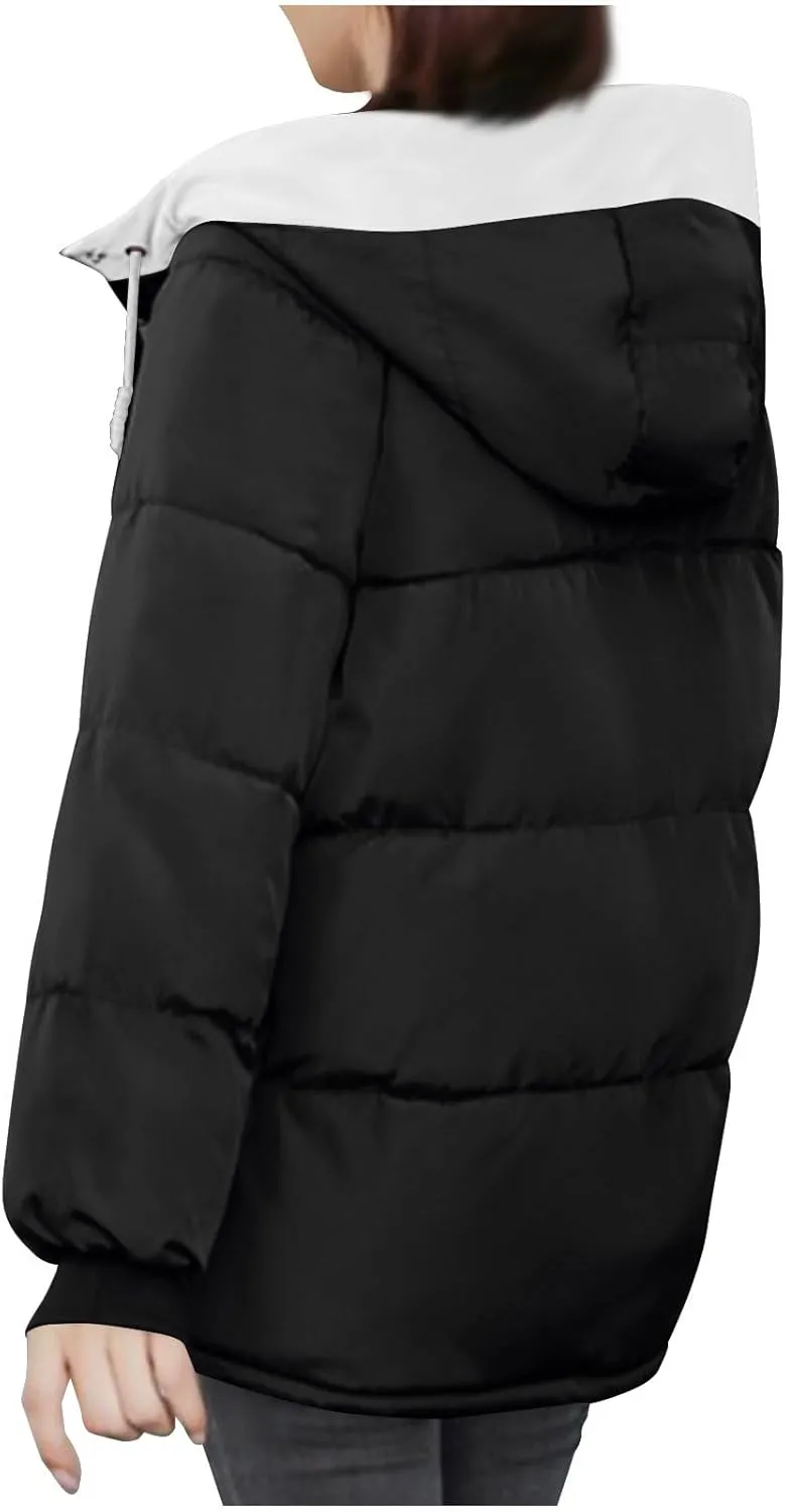 Lmdudan Women's Cropped Puffer Jacket 2024 Winter Down Coat Hooded Outerwear Warm Quilted Puffer Jackets with Pockets