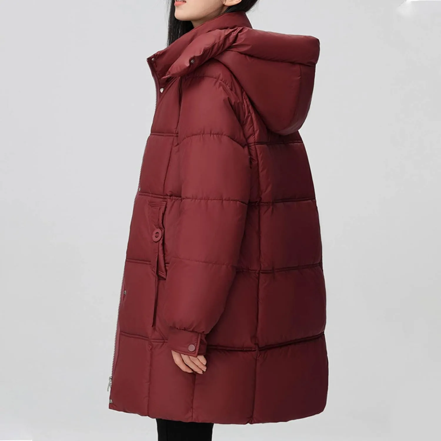 Lmdudan Women's Hooded Down Jacket Zipper Long Winter Coats Lightweight Quilted Puffer Jackets Outwear with Pockets