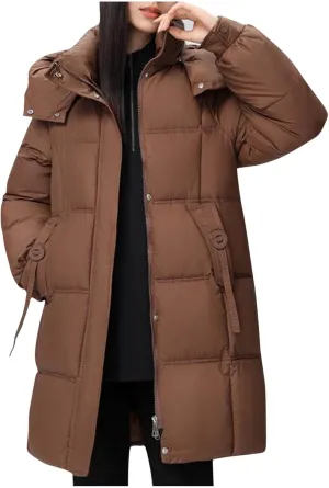 Lmdudan Women's Hooded Down Jacket Zipper Long Winter Coats Lightweight Quilted Puffer Jackets Outwear with Pockets