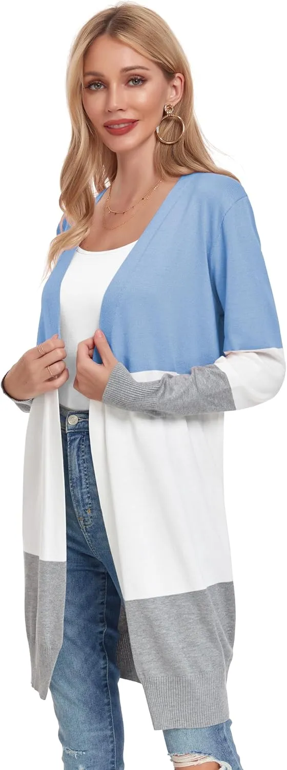 Long Lightweight Cardigan Sweaters for Women Casual Open Front Knit Colorblock Cardigans Outwear