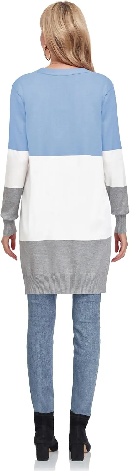 Long Lightweight Cardigan Sweaters for Women Casual Open Front Knit Colorblock Cardigans Outwear
