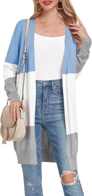 Long Lightweight Cardigan Sweaters for Women Casual Open Front Knit Colorblock Cardigans Outwear