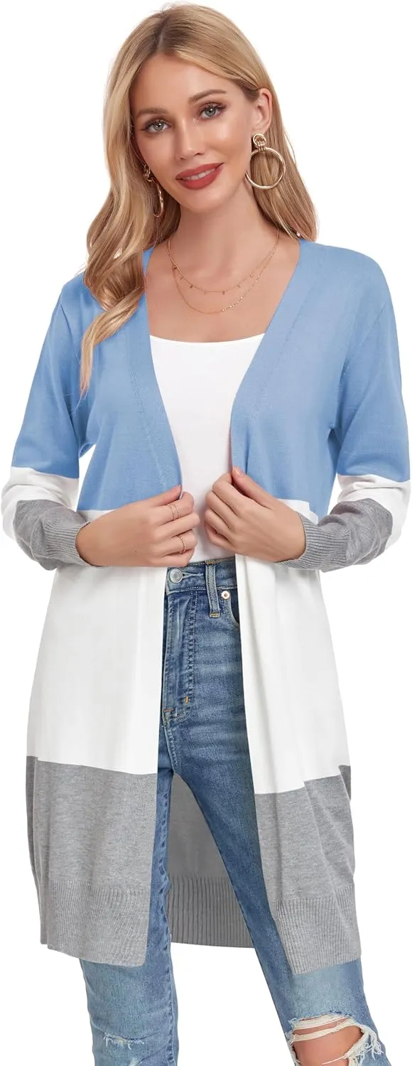Long Lightweight Cardigan Sweaters for Women Casual Open Front Knit Colorblock Cardigans Outwear