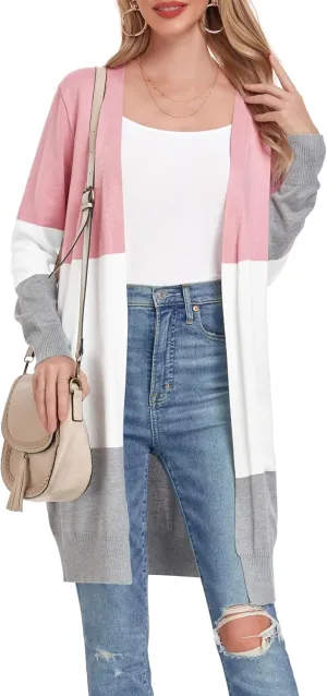 Long Lightweight Cardigan Sweaters for Women Casual Open Front Knit Colorblock Cardigans Outwear