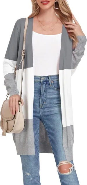 Long Lightweight Cardigan Sweaters for Women Casual Open Front Knit Colorblock Cardigans Outwear
