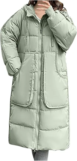 Long Winter Puffer Coat for Women Hooded Down Jacket With Pockets Waterproof Thick Quilted Maxi Puffer Parka Coat