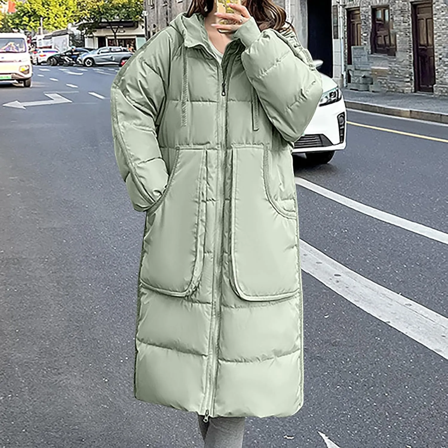 Long Winter Puffer Coat for Women Hooded Down Jacket With Pockets Waterproof Thick Quilted Maxi Puffer Parka Coat